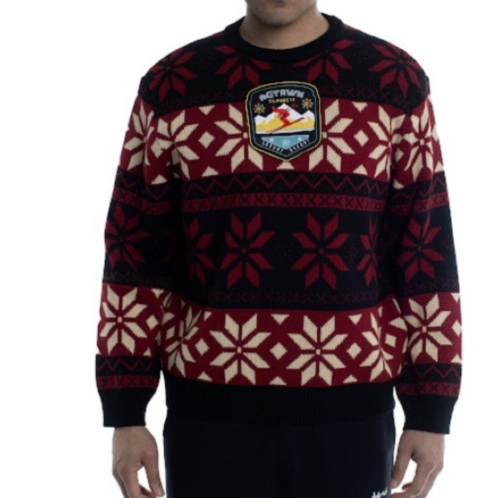AGTAWH St Moritz Sweater Mens Large Red Black NordicSnowflake SkiResort Patch M